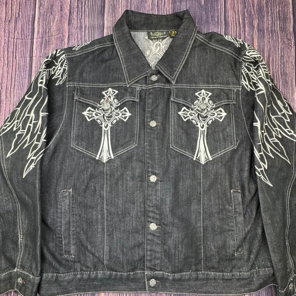 Raw Blue Denim Set 2XL/38x34 Black Gothic Cross Embroidered Y2K Streetwear Suit